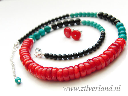 Zilveren Ketting en Oorstekers met Koraal, Turkoois en Onyx