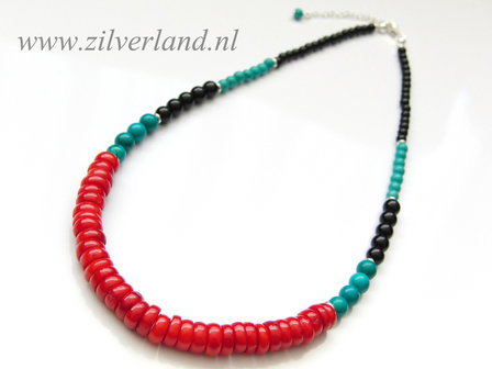 Zilveren Ketting en Oorstekers met Koraal, Turkoois en Onyx