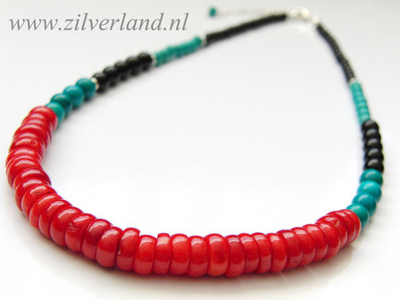 Zilveren Ketting en Oorstekers met Koraal, Turkoois en Onyx