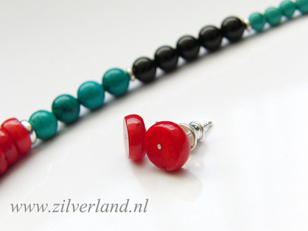 Zilveren Ketting en Oorstekers met Koraal, Turkoois en Onyx