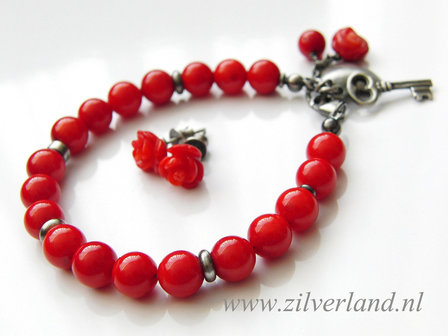 Sieraden Set- Zilveren Armband en Oorstekers met Koraal