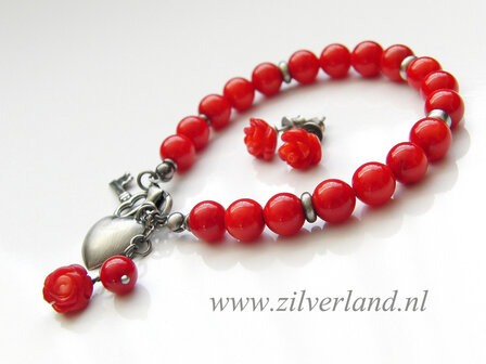 Sieraden Set- Zilveren Armband en Oorstekers met Koraal