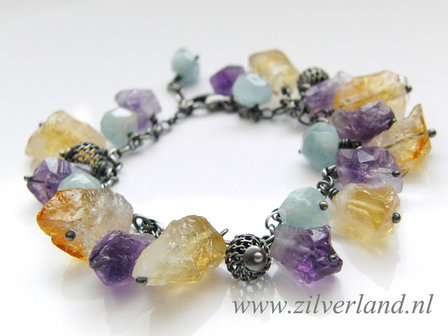 Edelstenen Armband met Ruwe Citrien, Amethist en Aquamarijn