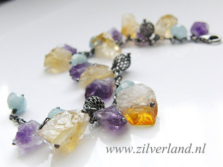Edelstenen Armband met Ruwe Citrien, Amethist en Aquamarijn