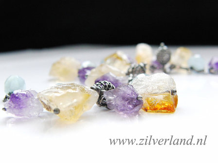 Edelstenen Armband met Ruwe Citrien, Amethist en Aquamarijn
