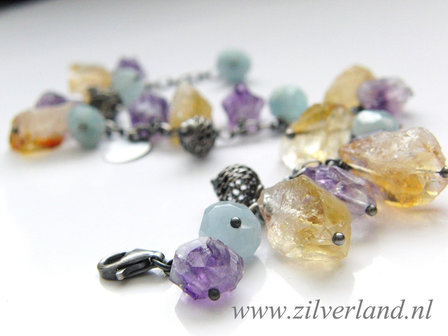Edelstenen Armband met Ruwe Citrien, Amethist en Aquamarijn