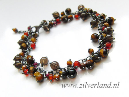 Edelstenen Armband met Tijgeroog, Rookkwarts, Carneool en Granaat