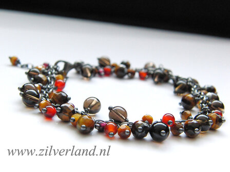 Edelstenen Armband met Tijgeroog, Rookkwarts, Carneool en Granaat