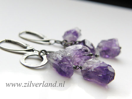 Zilveren Edelstenen Oorbellen met Ruwe Amethist