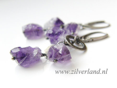 Zilveren Edelstenen Oorbellen met Ruwe Amethist