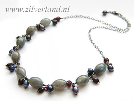 Edelstenen Ketting en Oorbellen met Labradoriet, Granaat en Zoetwaterparels