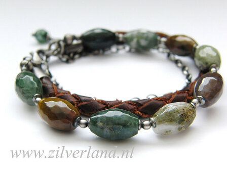 -Zilveren Edelstenen Armband &quot;Agaat in Leder&quot;
