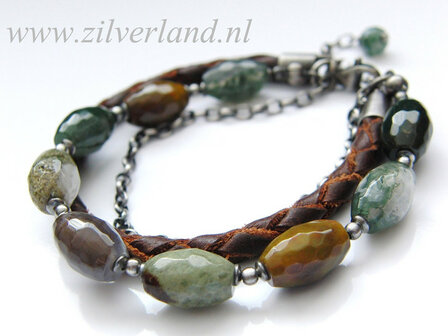 -Zilveren Edelstenen Armband &quot;Agaat in Leder&quot;