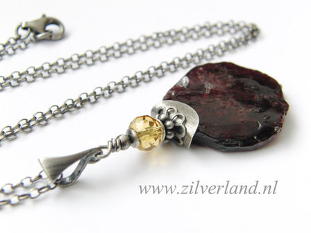 Zilveren Edelstenen Ketting met Granaat en Citrien