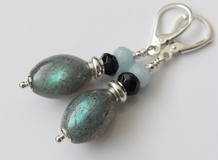 Edelstenen Oorbellen met Labradoriet, Onyx en Aquamarijn