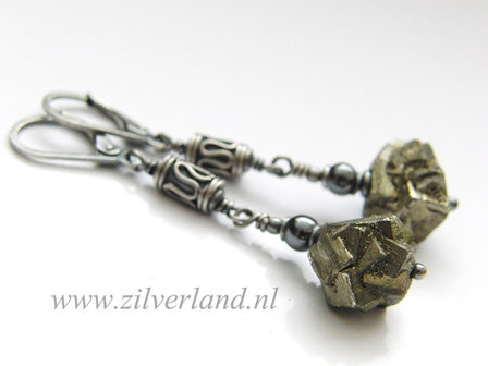 Edelstenen Oorbellen met Ruwe Pyriet en Hematiet