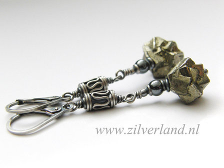 Edelstenen Oorbellen met Ruwe Pyriet en Hematiet