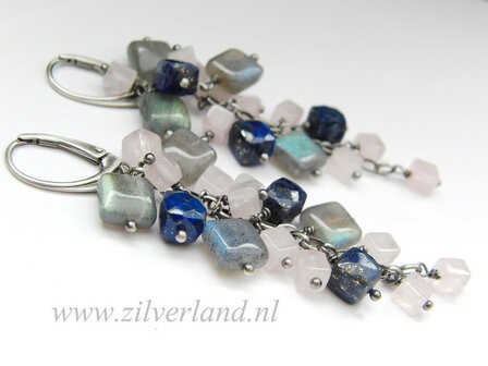 Edelstenen Zilveren Oorbellen met Labradoriet, Lapis Lazuli en Rozenkwarts