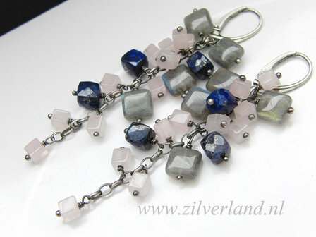 Edelstenen Zilveren Oorbellen met Labradoriet, Lapis Lazuli en Rozenkwarts