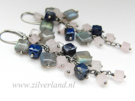Edelstenen Zilveren Oorbellen met Labradoriet, Lapis Lazuli en Rozenkwarts