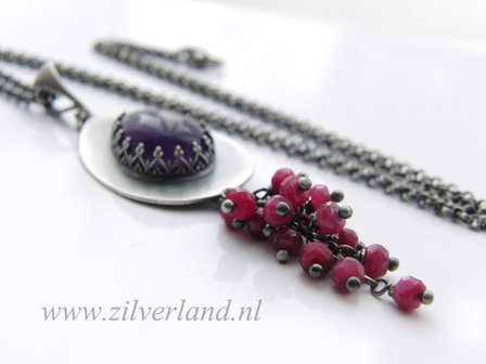 -Handgemaakte Zilveren Hanger met Amethist en Robijnen