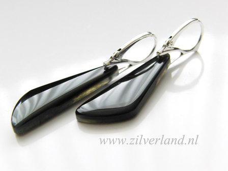 -Sterling Zilveren Oorbellen met Labradoriet en Obsidiaan