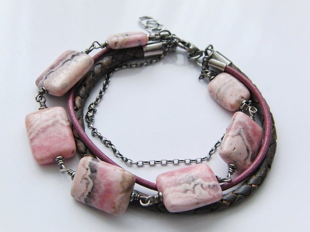 Zilveren Armband "Rhodochrosiet in Leder"