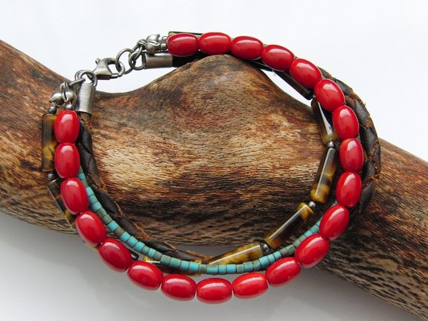 Armband met Koraal, Tijgeroog, Turkoois en Leder Koord