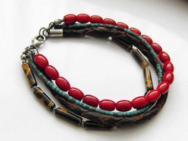 Armband met Koraal, Tijgeroog, Turkoois en Leder Koord