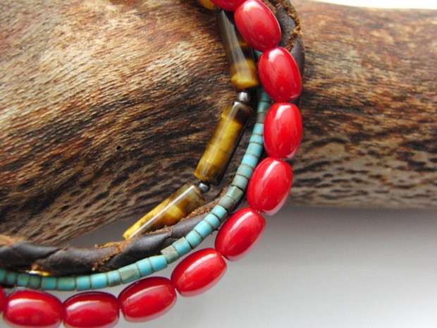 Armband met Koraal, Tijgeroog, Turkoois en Leder Koord