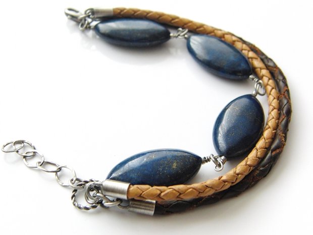 Zilveren Armband met Lapis Lazuli en Leren Koorden