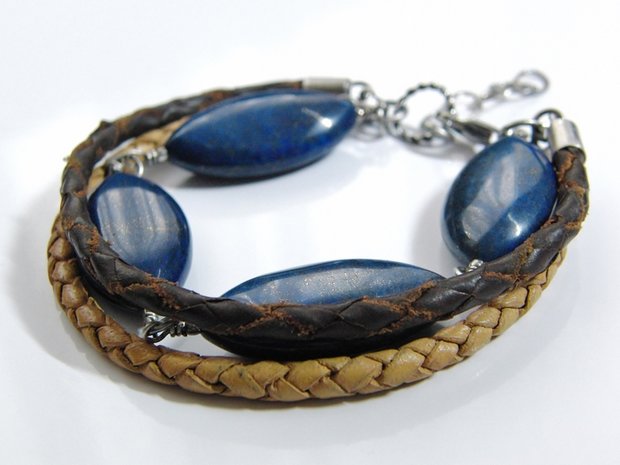 Zilveren Armband met Lapis Lazuli en Leren Koorden