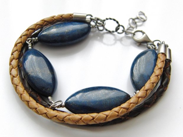 Zilveren Armband met Lapis Lazuli en Leren Koorden