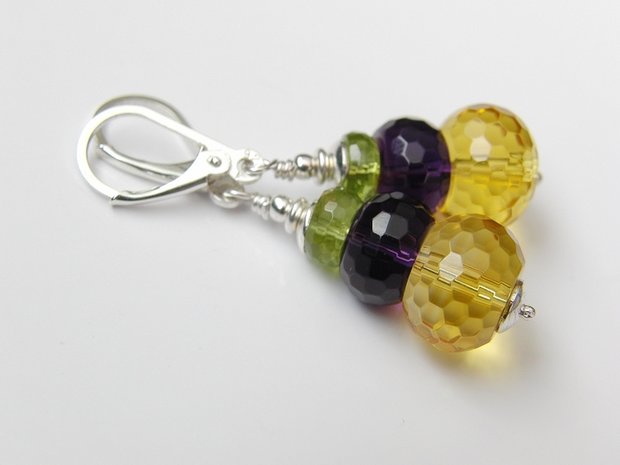 Zilveren Oorbellen met Citrien, Amethist en Peridoot "Perfect Match"