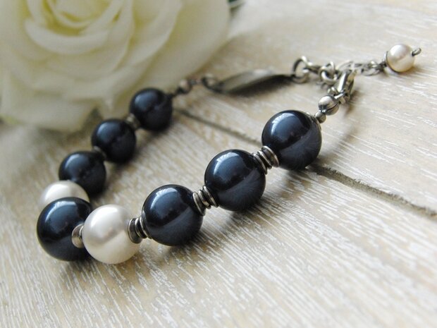 Zilveren Sieraden Set; Armband en Oorbellen met Parels "Night Blue"