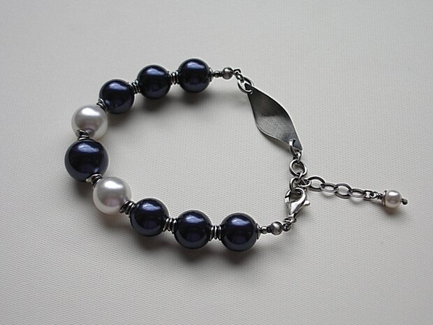 Zilveren Sieraden Set; Armband en Oorbellen met Parels "Night Blue"