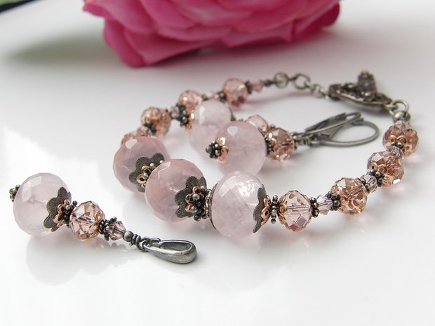 Edelstenen Sieraden Set- Armband, Oorbellen en Hanger "Roses" 