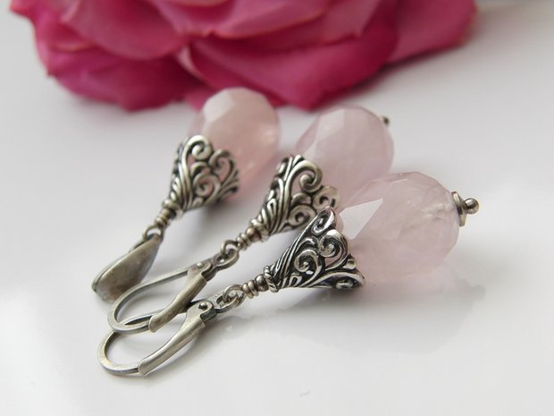 Zilveren Oorbellen en Hanger met Rozenkwarts Edelstenen "Rosaline"