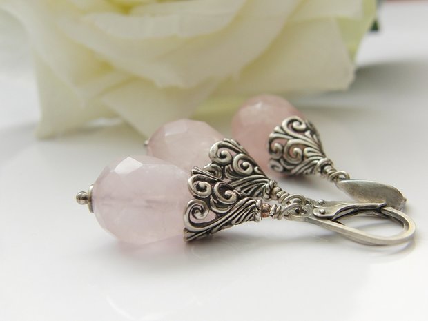 Zilveren Oorbellen en Hanger met Rozenkwarts Edelstenen "Rosaline"