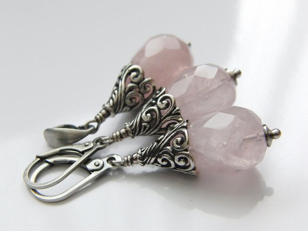 Zilveren Oorbellen en Hanger met Rozenkwarts Edelstenen "Rosaline"