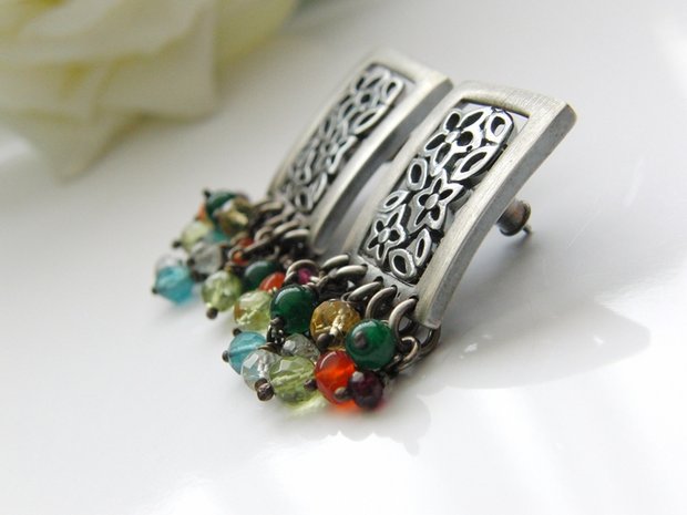 Sterling Zilveren Oorstekers met Edelstenen "Bloemenperk"