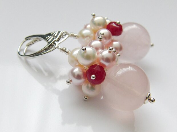 Zilveren Edelstenen Oorbellen met Rozenkwarts en Parels