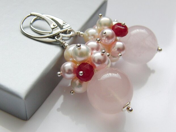 Zilveren Edelstenen Oorbellen met Rozenkwarts en Parels