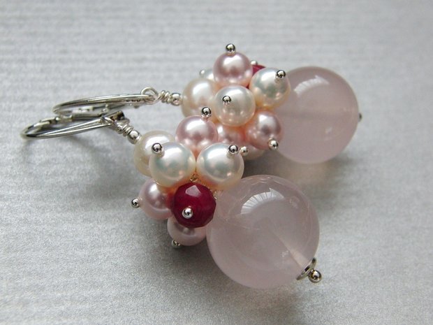 Zilveren Edelstenen Oorbellen met Rozenkwarts en Parels