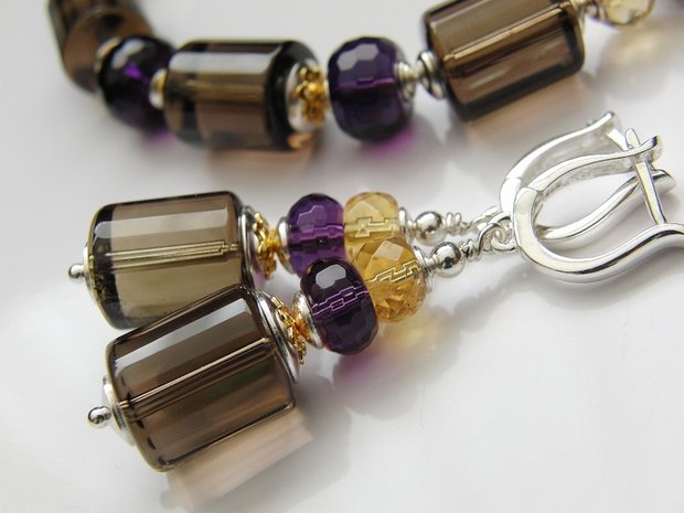 Zilveren Edelstenen Oorbellen met Rookkwarts, Citrien en Amethist