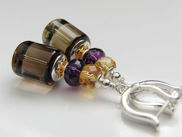 Zilveren Edelstenen Oorbellen met Rookkwarts, Citrien en Amethist