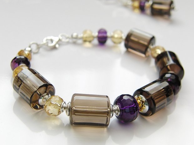 Zilveren Edelstenen Armband met Rookkwarts, Citrien en Amethist