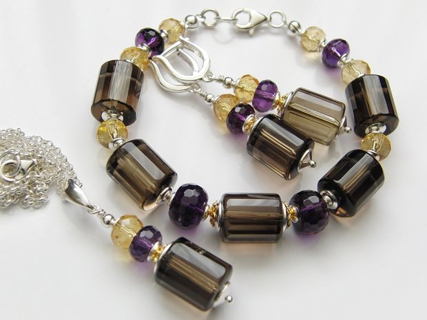 Zilveren Edelstenen Armband met Rookkwarts, Citrien en Amethist