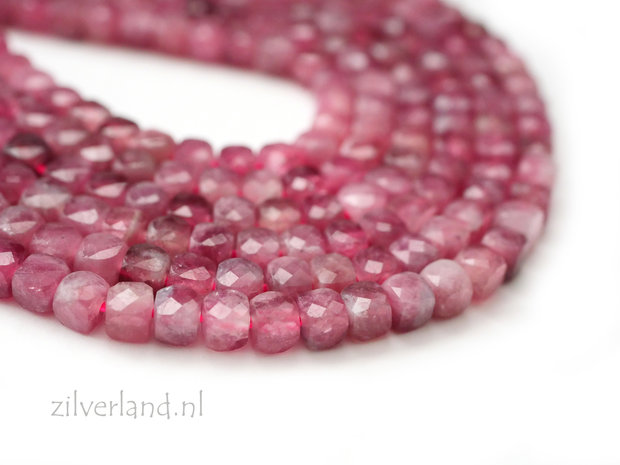 4mm Roze Toermalijn Kubus Edelsteen Kralen- Facet