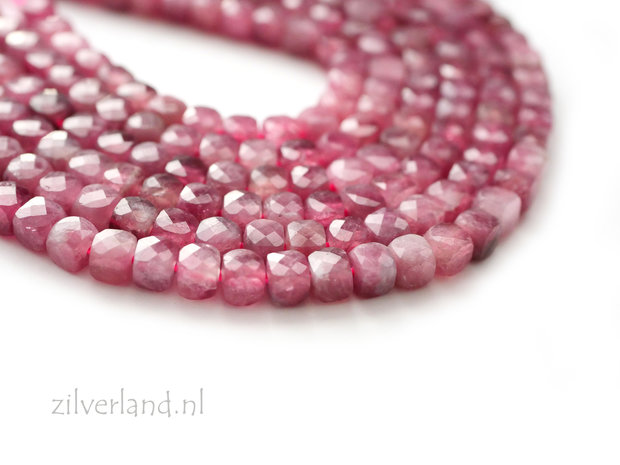 4mm Roze Toermalijn Kubus Edelsteen Kralen- Facet